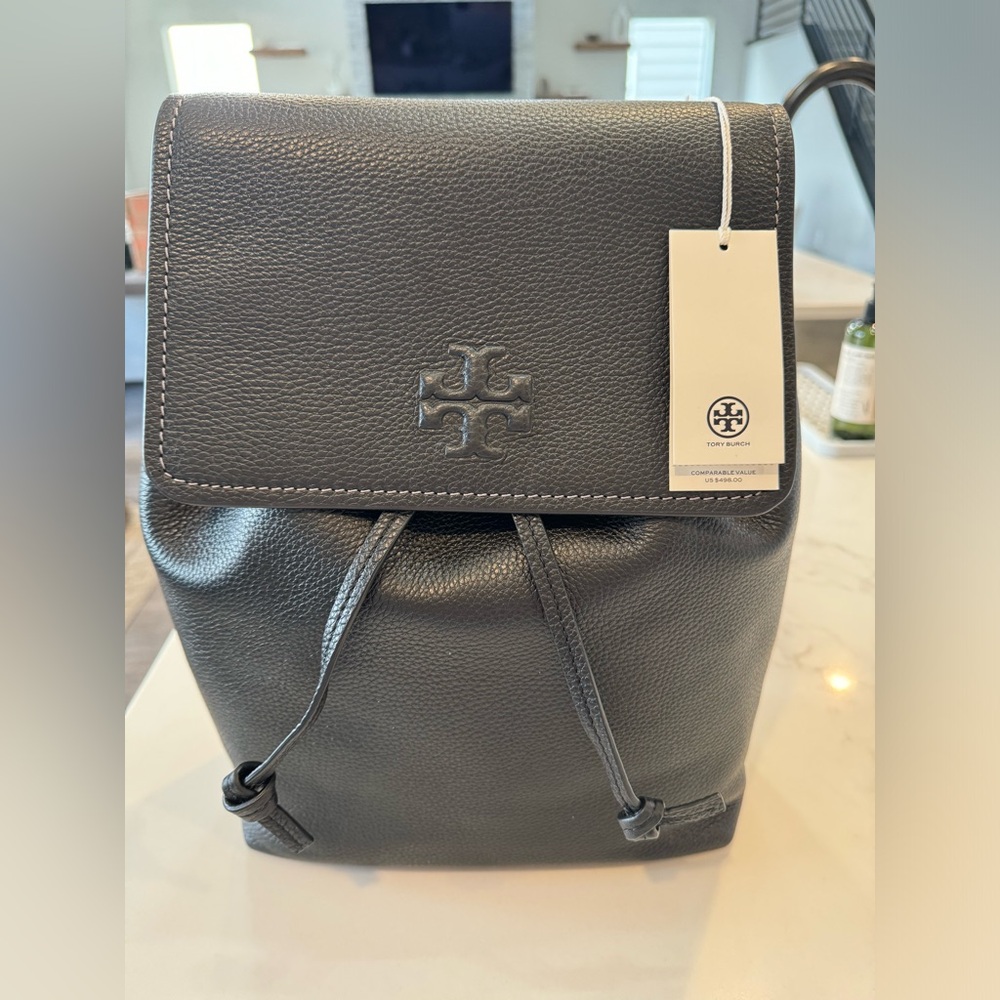 EUC Tory Burch Women's Thea Logo Flap Pebbled Leather Backpack - Black